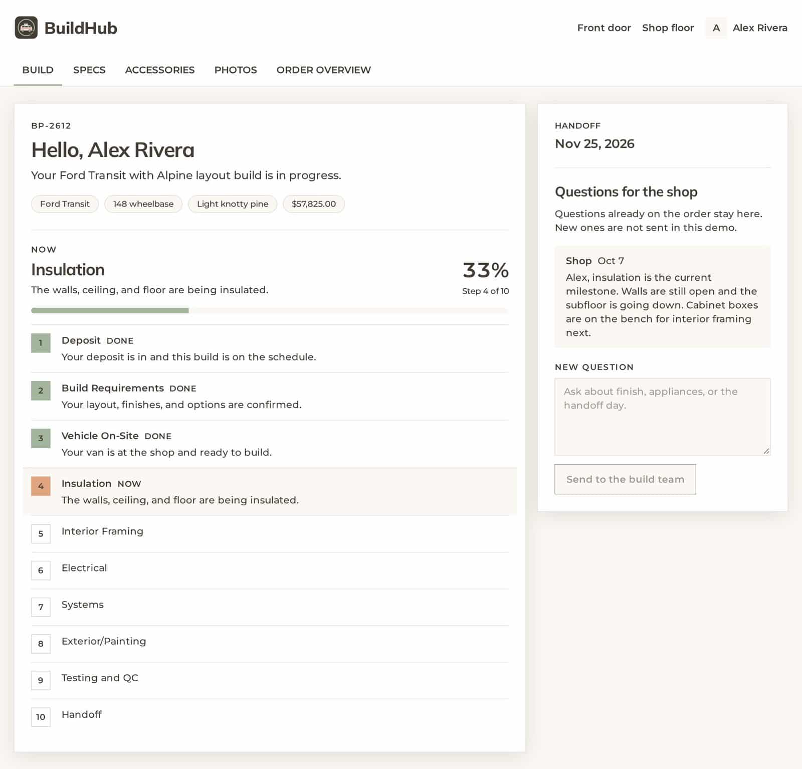 BuildHub customer portal showing a camper van build’s current stage, percent complete, handoff date and questions for the shop