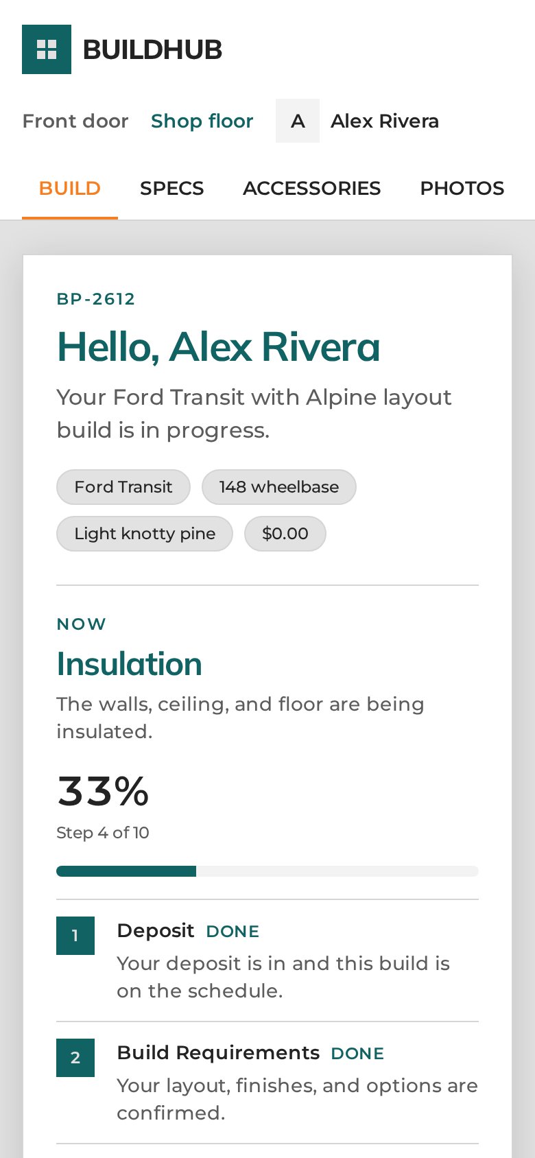 BuildHub customer view on a phone