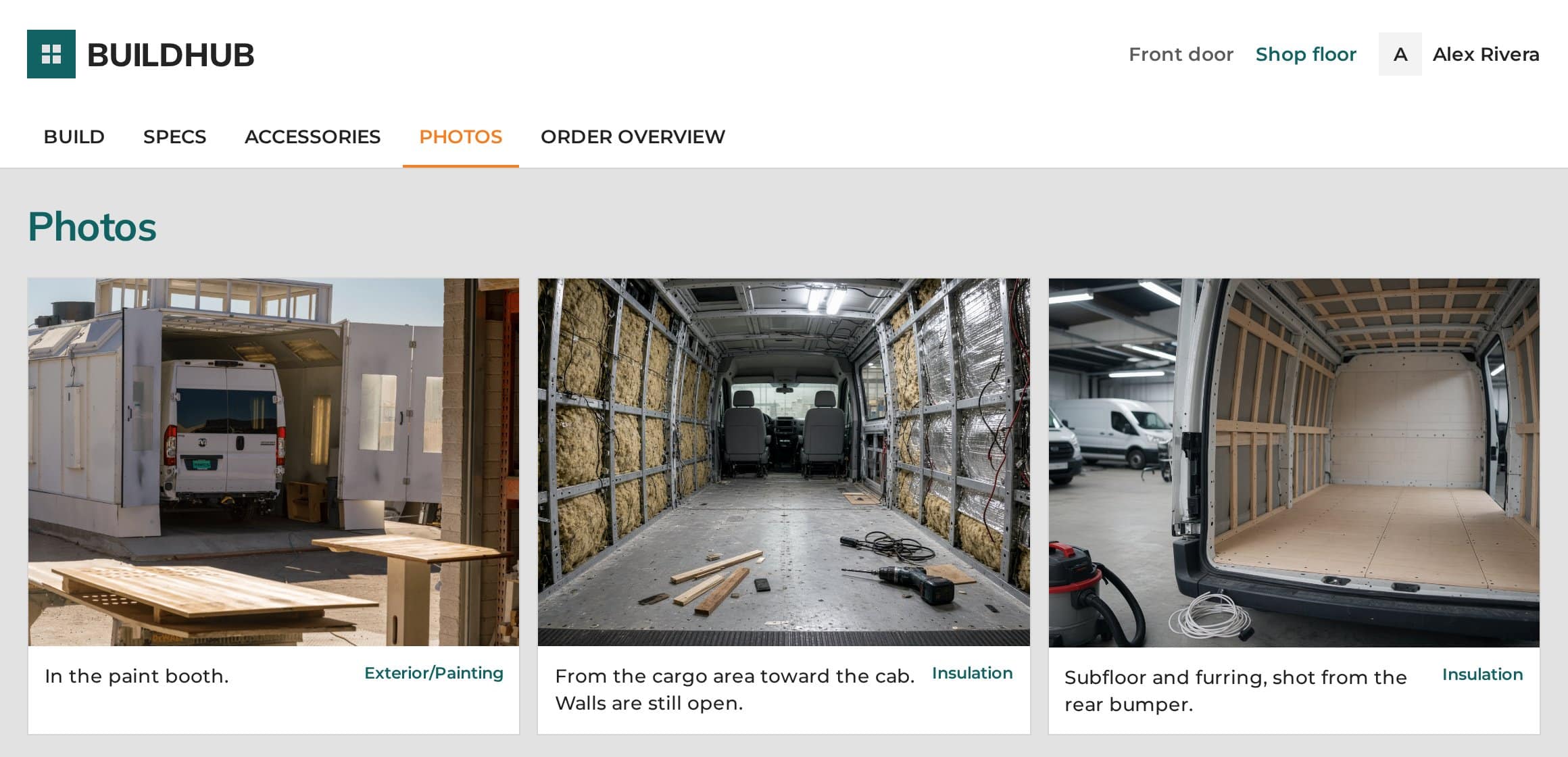 BuildHub customer photos tab with progress photos tagged by build stage