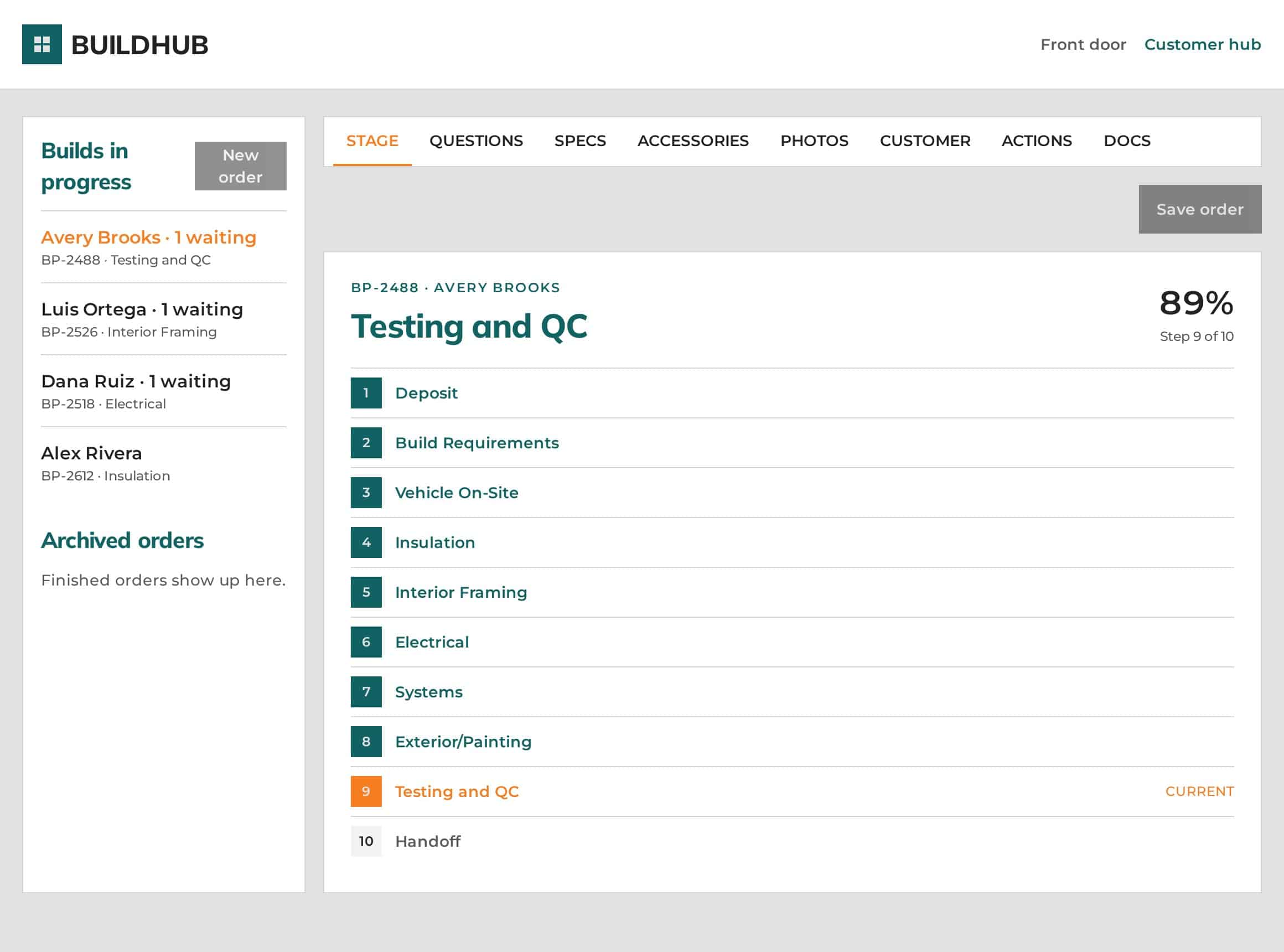 BuildHub shop floor: builds in progress with waiting questions and the stage list
